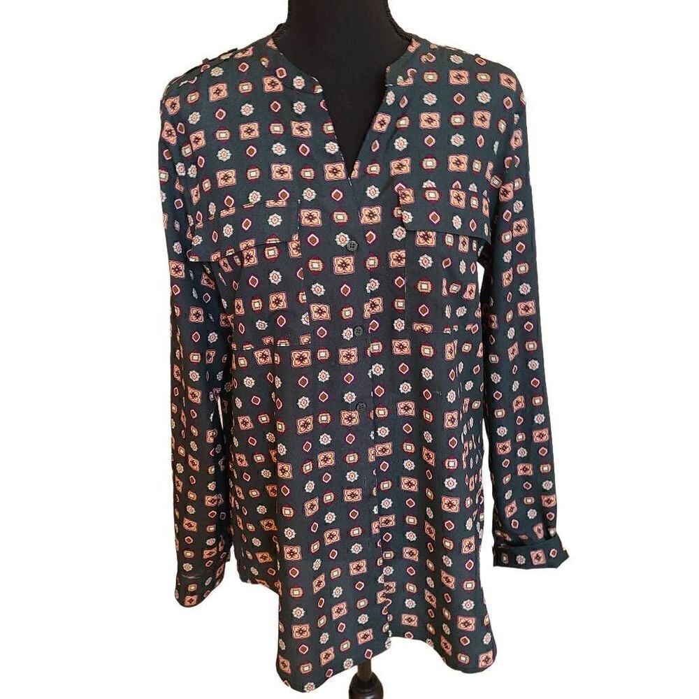 Calvin Klein Womens Tunic Blouse Button Front Long Sleeve Geometric Print Medium